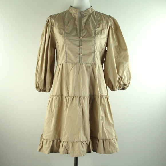 Anthropologie Ruffled Poplin Cotton Tunic Puff Sleeve Tan Mini Dress M NWT - Picture 2 of 6